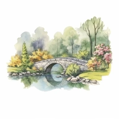 Clipart, isolated on white background, beautiful cute Watercolor Spring river with stone banks and stone bridge , forest woodland nature landscape scenery, plants and flowers, ornated, pastel colors