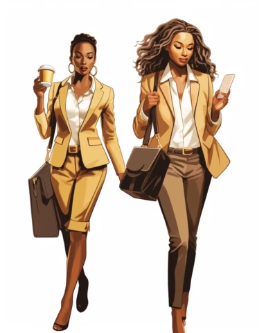 Extremely realistic digital illustration clipart, vector art of ultra beautiful African American women entrepreneurs with beautiful hair, dressed in business clothing of the year 2023, one carrying a briefcase, one carrying a laptop, one talking on a cellphone, one holding a cup of coffee, standing side by side on a white background in the style of gil elvgren