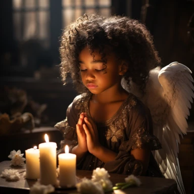 Little Sweet Black Girl praying with Angel Wings in the background as clipart