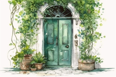 interior design scene, watercolor and ink style, boho green front door with plants, clipart on plain white background, nature vibes, super high detail ultra precision 16k HD, clean crisp brushwork, painted by Beatrix Potter