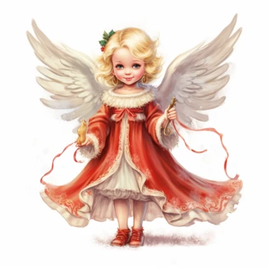 A little girl dressed as an angel holding a bell.