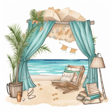 Beach Reading Nook clipart, Coastal Reading Corner, Beach Boho, boho style, blue ocean