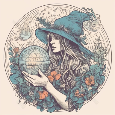 dimetric illumination of witch with her magic ball , with plants plants, high quality, intricate design, clipart,Mystical Enchanting Spellbinding Otherworldly Mysterious Occult Esoteric Bewitching, white background no text, isolated on white, ghibli style,award winning