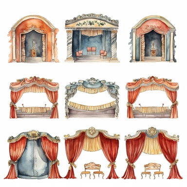 watercolor 1910s 1920s 1930s 1940s theatre stage, illustrations clipart set, simple, , cartoon elements ,different variants ,shows,separate elements with a margin