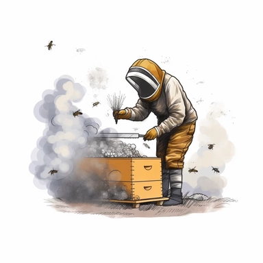 A dynamic illustration of a beekeeper working with a smoker, releasing puffs of smoke around the beehive to calm the bees, with a hive tool and gloves visible nearby. (Digital drawing clipart, image black border color, full body, flat texture, transparent background)