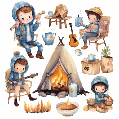 Watercolor boho camping illustrations clipart set, simple, soft colors, cartoon elements, different variants, cute little boy and girl sitting on trunk and toasting marshmellows , pots,mugs, bonfire with thick logs, teapot , separate elements with a margi