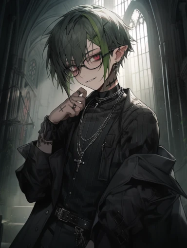 anime boy, messy dark green hair, red eyes, sharp teeth, choker necklace, grey black striped sweater, black pants, hair clip, goth, punk, red, gothic, lip ring, round glasses, pointed ears, vampire, gothic background, church, black jacket, full body, man, male, tattoos