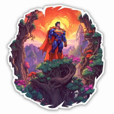 super man, close up, a sticker, artwork of t shirt graphic of majestic forest, in digital painting style , beautiful flowers, sunset mountains and clouds , big vines, stone temple covered in vines, white background, colorful fantasy flower surround, highly detailed clean, vector image, photorealistic masterpiece, professional photography, realistic, flat white background, isometric, vibrant vector, clipart, illustration, realism, 4k, , cinematic, front view, white background, paradise, extremely