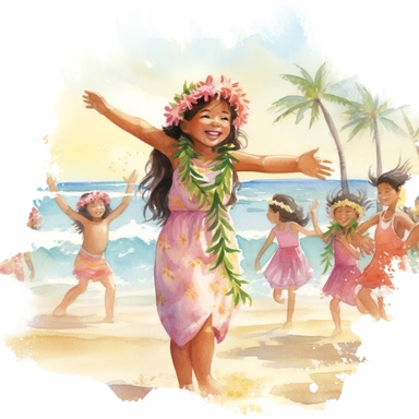watercolour, beautiful soft colours, tropical island setting, showcase an adorable little Hawaiian girl doing the hula on the beach with her family, she feeling is happy, celebration, they are all wearing flowers in their hair, beautiful clipart style