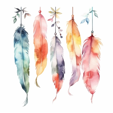 cute watercolor newborn boho feathers on a string, isolated white background, babyshower clipart, 8k, soft multicolor boho colors