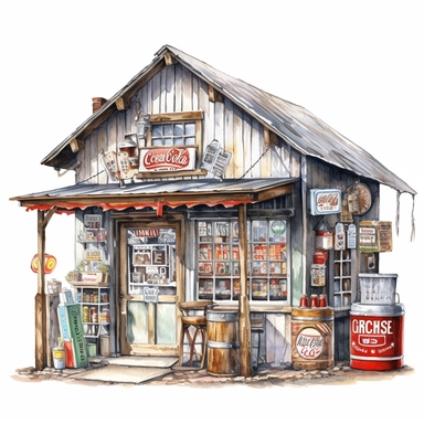 watercolor, hyper realistic, white background, white margins, 16k, ultra detailed clipart, cut out image, hand-drawn An old-fashioned general store with a wooden storefront and vintage signage selling goods like jars of candy and vintage soda bottles.