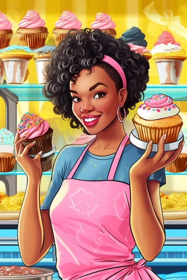gorgeous joyful black woman, clipart, cartoon illustration, christa mckenzie pose and head pose photos a new cupcake business website, in the style of vibrant bakery backdrops, synthetism-inspired, pop cultural, 32k uhd, smilecore, embroidery art, bold curves