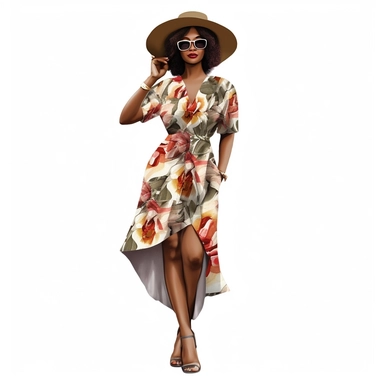 African american woman wearing floral dress and fedora hat Boss lady clipart modern fashion style anatomically correct realistic isolated white background