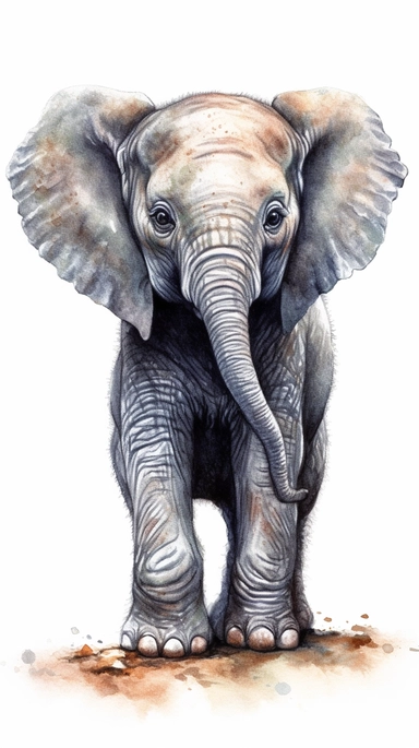 worlds cutest, adorable, realistic, life like image of a baby elephant with his trunk raised, watercolor clip art, white background ,artist rendition, sharp focus, extreme detail,