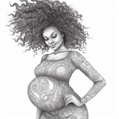 coloring page . Beautiful black woman .pregnant baby bump showing , beautiful, clipart, school background, detailed, happy, glamorous