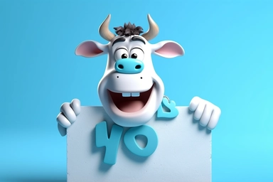 character cartoon cow with banner in clipart 3d image, in the style of unreal engine 5, natalia rak, movie still, matte photo, lightbox, relief, white and cyan
