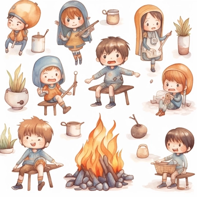 cute kawaii set of 70s retro seamless isolated clipart with hippie boys, dream catcher, watercolor, bonfire, boy and girl sitting by the fire and roasting sausages on a stick