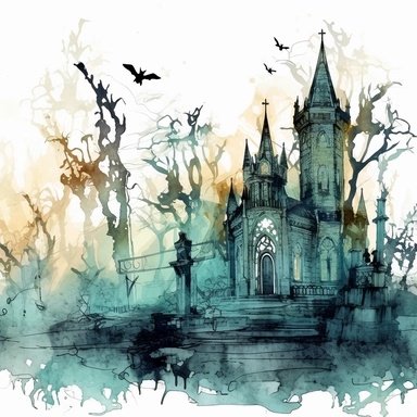 isolated clipart showcasing a spooky gothic haunted graveyard, graveyard appearing as if it were taken from a fairy tale, adorned with ornate tombstones, turrets, and ivy-covered walls, their silhouettes casting elongated shadows on the mist-covered ground below, the forest enveloped in an otherworldly glow, watercolor painting, ethereal washes of color capturing the magical atmosphere,
