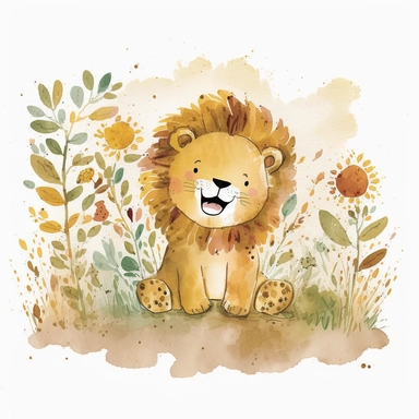 The watercolor clipart illustration shows a baby lion playing in a natural setting. The background is a white space to keep the focus on the cute baby lion. The colors are warm and inviting, with shades of yellow, brown, and white. The baby lion is depicted in a playful and happy way, with its mouth open in a smile and its paws stretched out. This would be a perfect watercolor clipart for kids to enjoy and learn about lions.