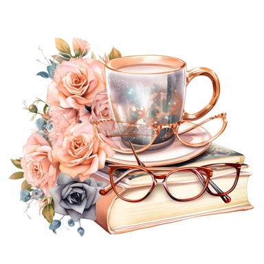Watercolour rose gold and pastel detailed 3d Handheld Floral Book reading lover, coffee mugs and glasses, surrounded by beautiful roses and Swarovski crystals and diamonds, svg clipart style, solid white background, clipart element, clipart style highly detailed beautiful