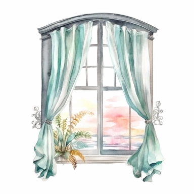 coastal window with flowing curtains, very detailed and realistic, watercolor, white background with margins, clipart style