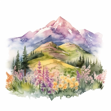 watercolor of a gorgeous spring mountain in shades of soft pastel pink, fresh green, sunny yellow, and delicate lavender, png clipart, on white background