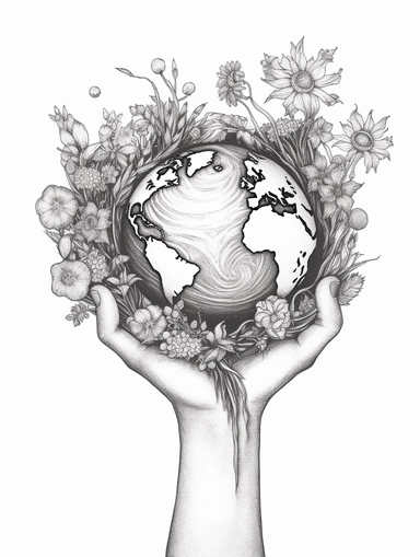 Coloring pages, black and white, linework, clip art, white background. In a circle, a Seedling growing, stars, planet earth, flowers, all being held within a pair of hands.
