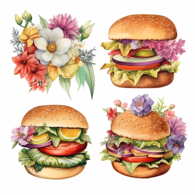 4 watercolor cliparts of neoclassical burguer with flowers integrated on it, yaka art, Hyperrealistic still life, aurorapunk, 1990s, appropriation artist, hellenistic art
