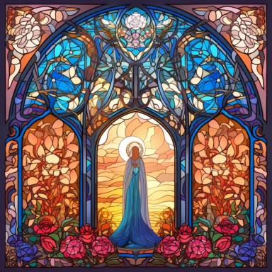 an intricate stained glass window design clipart, in the style of art nouveau, #screenshotsaturday, reimagined religious art, multiple shapes,islamic art and architecture, no background, vibrant colors, sunshine coming in through the glass, flowers at the bottom, dramatic lighting