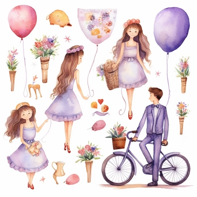 Watercolor wedding cute illustrations clipart set, simple, soft colors, green, yellow, lilac, mint, orange, red cartoon elements, different variants, girl with long braids on wedding day, wedding, husband and wife, veil, garland, balloons, wedding bouquet, gold rings, wedding cake, wooden elements, they sit on a bench, on a car, on a bicycle, white transparent background, separate elements with a margin