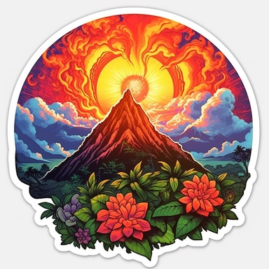 volcano erupting, close up, a sticker, artwork of t shirt graphic of majestic forest, in digital painting style , beautiful flowers, sunset mountains and clouds , big vines, stone temple covered in vines, white background, colorful fantasy flower surround, highly detailed clean, vector image, photorealistic masterpiece, professional photography, realistic, flat white background, isometric, vibrant vector, clipart, illustration, realism, 4k, , cinematic, front view, white background, paradise, ex