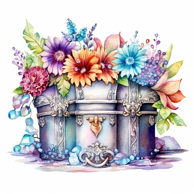 clipart, isolated on white background, Watercolor spring ornated metal treasure chest with jewelry on the beach, detailed, flowers, ornated, pastel colors