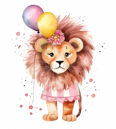cute lion isolated clipart on white, in the style of whimsical watercolors, colorful costumes, light pink and dark brown, carnivalcore, kushan empire, animated gifs, extravagant table settings