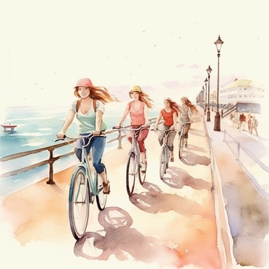 A group of friends riding vintage bicycles along a coastal road, with the iconic Santa Monica Pier in the background, watercolor, clipart