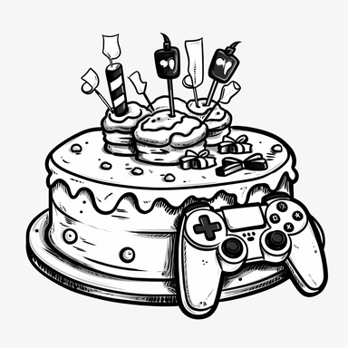 black and white cartoon clipart of a generic video game controller and birthday cake mashup with a transparent background