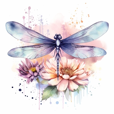 a watercolor clipart of a dragonfly on a flowe
