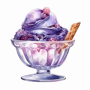 Watercolour of a purple Ice Cream in a glass bowl , Clipart,Cartoon,hyper realistic, intricate detail isolated on a white background, high quality, sublimation, detailed, cartoon style