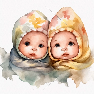 Watercolor cute new born twin baby on a cute blanket, clipart, singel clipart, High resolution, 8k