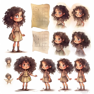 Little girl exploring, character sheet, illustration for book, children's book, multiple positions,five years old, curly hair, dark brown hair,Watercolor Clipart, strybk, full Illustration, 4k, sharp focus, watercolor, smooth soft skin, symmetrical, soft lighting, detailed face, concept art, watercolor style, strybk, children's style fairy tales, chibi kawaii, . Octane rendering, 3d. Perfect face, detailed face, delicate face, perfect sharp lips, detailed eyes. Craig Davison, Aubrey Beardsley, C