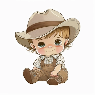 One Year Old Male Chibi Style Baby Dress in Crisp Detailed Country Style Cartoon Hands Back Chibi Feet. Confident smile happy eyes country hat on head sharp and detailed white background Clipart