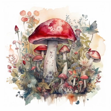 In this watercolor illustration, a mystical mushroom takes center stage, painted with vibrant hues and surrounded by delicate flowers and lush plants. The clipart design captures a magical scene, where fairies flit about in the air, their ethereal forms highlighted against a watercolor backdrop. The white background provides a stark contrast to the dominant red and black color scheme, enhancing the enchanting atmosphere of the artwork. The intricate details of the flora and the playful presence 