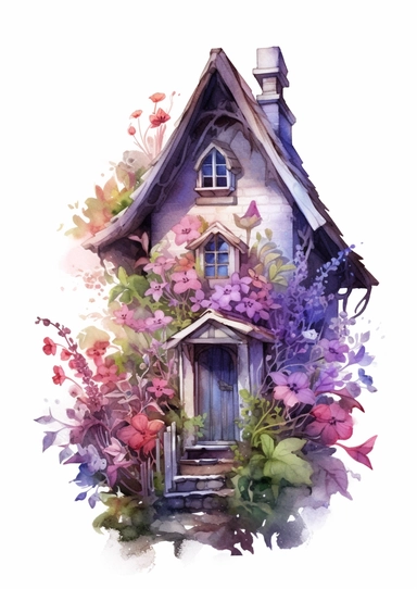A realistic high detailed fairytale style attic corner with watercolor effect,suitable for digital clipart,white background,magical flowers,magical scene,fairy vibrant colors,pink,purple,lavender,