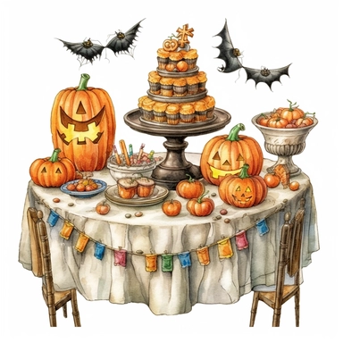 simple, vintage Halloween party table, clipart style, color pencil technique, super high quaility, high resolution on a white