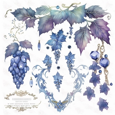 blue rococo grape jewels icicles watercolor clipart