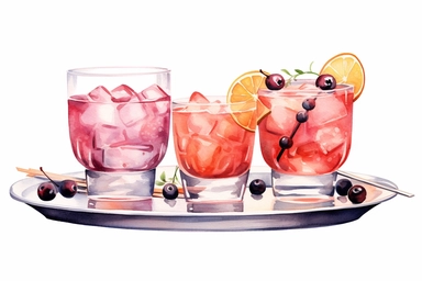 a delightful watercolor, hyper-realistic clipart image with a white background and white margins, showcasing three glasses with cosmopolitan coctail on the tray. The ultra-detailed, hand-drawn elements