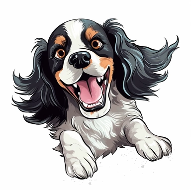 A hand-made clipart of a CUTE spaniel in a playful pose, with tongue out, white background, joyful, energetic, playful, colors of white and black, hand-drawn, vector art, cute and quirky, Adobe Illustrator, hand-drawn, soft lighting, retro aesthetic, focused on the character, 4K resolution, photorealistic rendering.