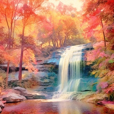 holographic waterfall scene featuring the waterfall surrounded by autumn trees. watercolor clipart. Normal lighting. The colors should be ethereal and artsy. Please ensure that the watercolor art style does not cause confusion with the actual water in the scene, which is holographic. The composition should showcase the best view of the waterfall.