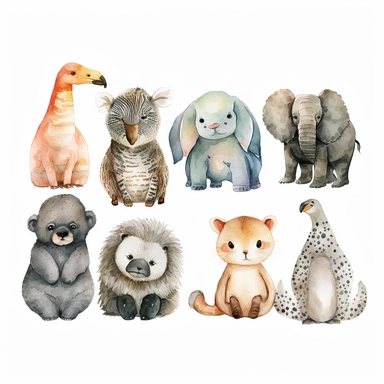 A group of cute, straight out of a kiddie watercolor clipart, sits against a pristine white background with delicate margins. These animals are small in body, but their big, curious eyes are what truly sets them apart. Each of them is unique, with different shapes and colors, but they all share a mischievous twinkle in their gaze. The illustrations are reminiscent of Miriam Koch's famous 2D style, capturing both the cuteness and cuddliness of these creatures in perfect harmony. They sit together