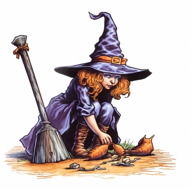 clipart of a witch, boots are touching the ground, wearing a pointy tradiotional witches hat, white background
