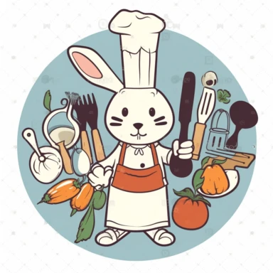 A rabbit wearing a chef's hat and apron, holding a whisk or wooden spoon, and surrounded by ingredients and kitchen tools in a cartoon illustration style clipart